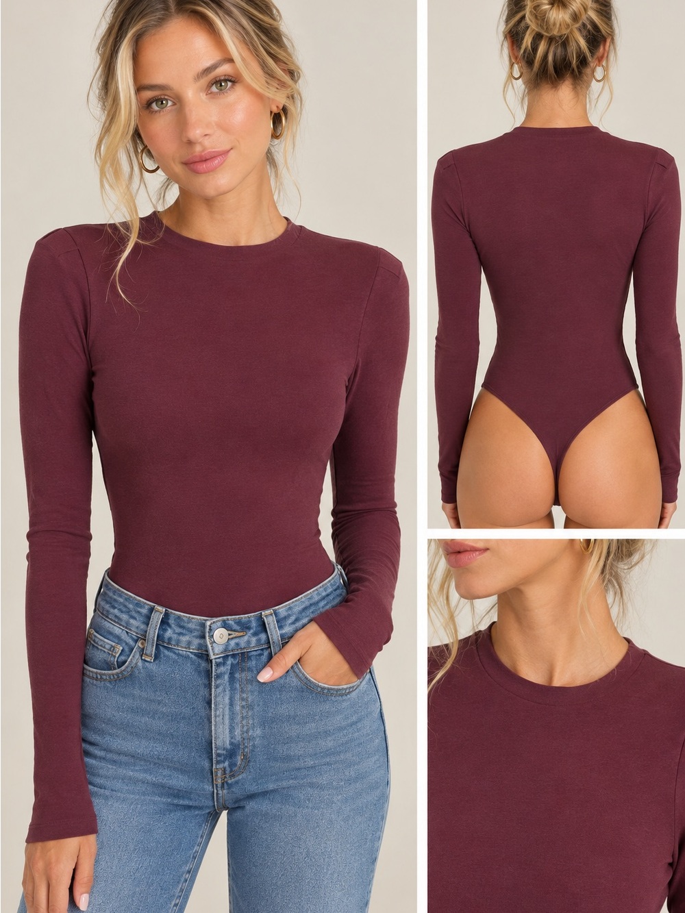 A&F Long-Sleeve Crewneck Bodysuit - Plum